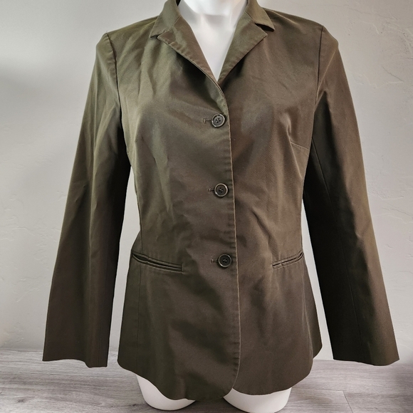 Theory‎ Sage Green Brown Blazer Top L Three Button Front Pockets - Picture 1 of 10
